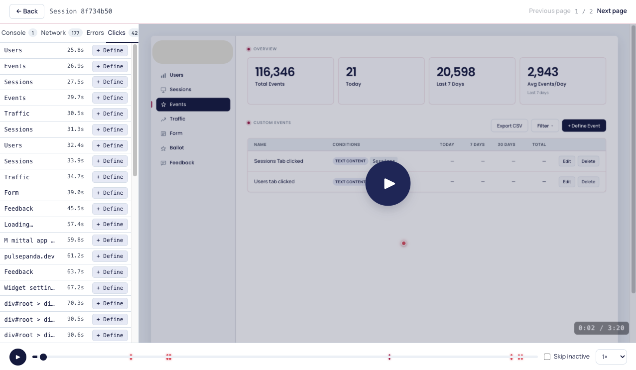 PulsePanda session replay dashboard